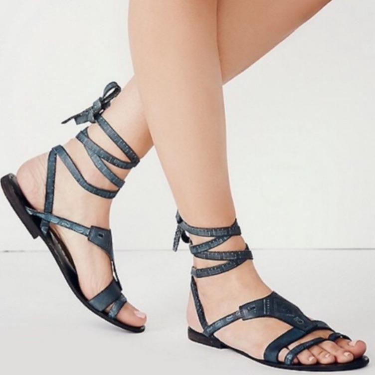 Free People Gladiator Sandals Dark Blue Leather Embossed Lace Up Oliveira Wrap